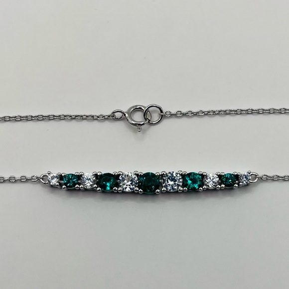 Lab Green Emerald and White Sapphire Bar Silver Necklace - Picture 8 of 8